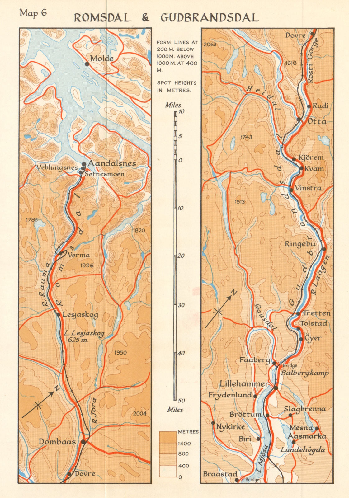 World War 2 Invasion of Norway. Romsdal & Gudbrandsdal 1940 1952 old map